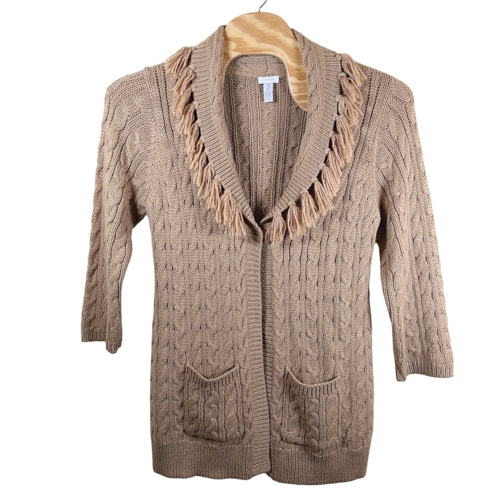 Chico's Fringe Shawl Collar Cable Knit Cardigan Women's 2/L Tan Sparkle EUC